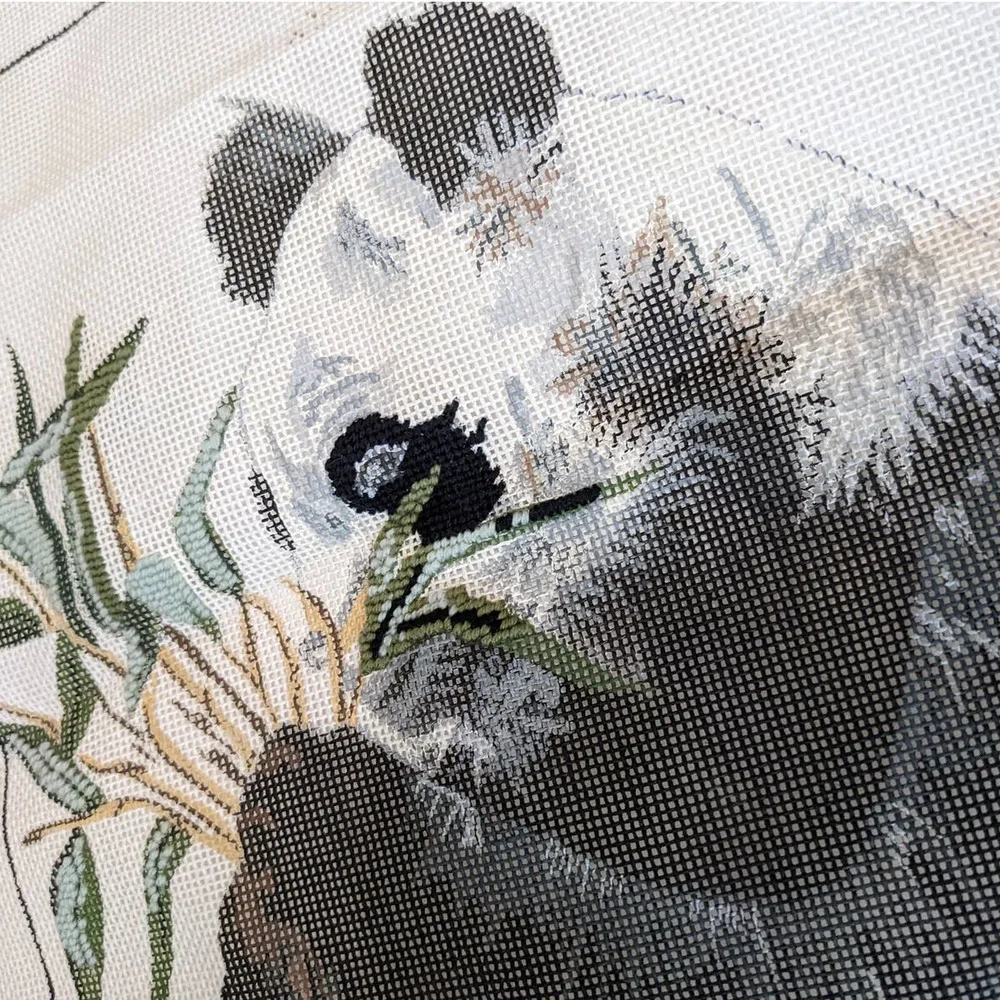 Vintage Hand Painted Needlepoint Canvas‎ Panda with Bamboo PARTIALLY COMPLETED